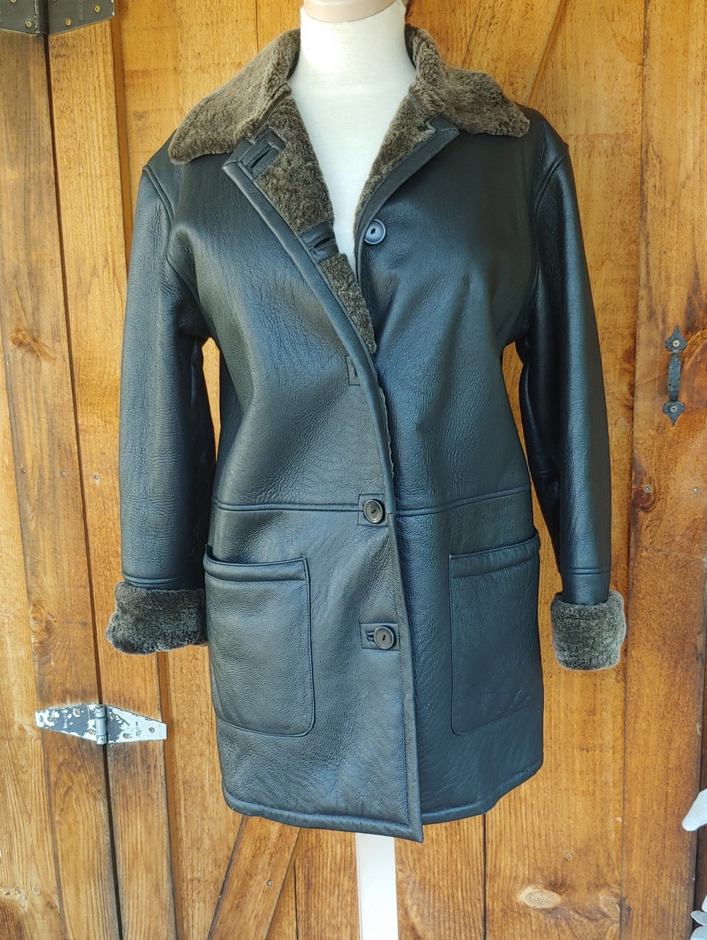 Black Leather Coat with Shearling